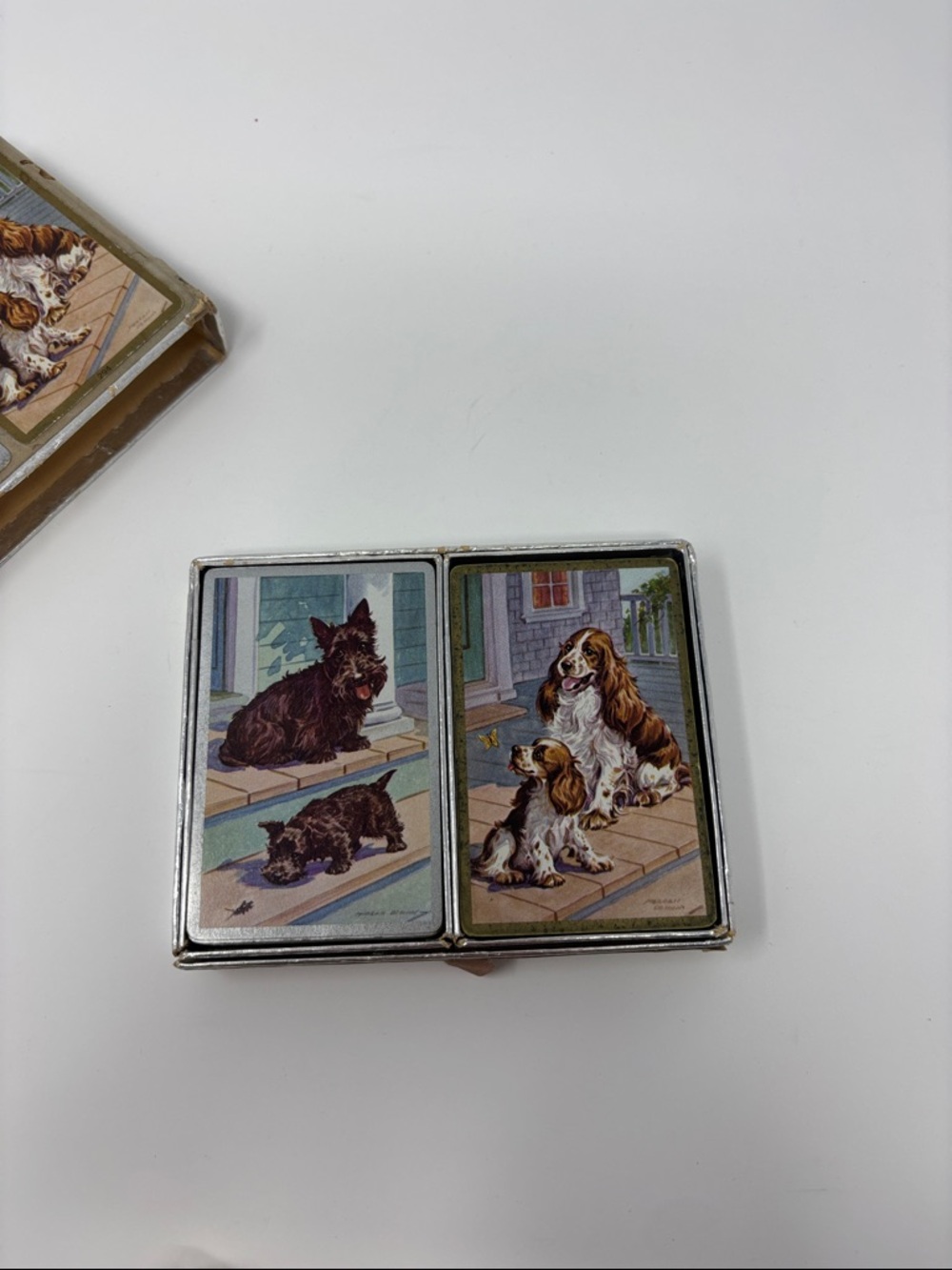 Vintage Congress Playing Cards Silver Pet Photo Dogs Brown Cream Case - Picture 3 of 5